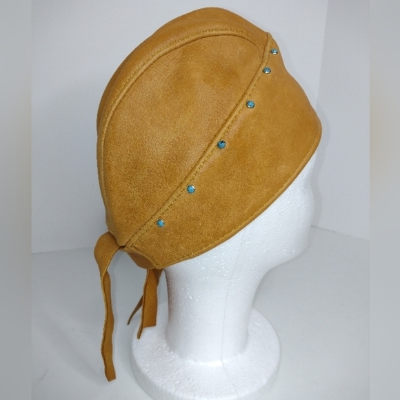 Brown Leather Biker Motorcycle Leather Bandanna Hat Skull Cap w/ Turquoise Studs - Picture 2 of 6